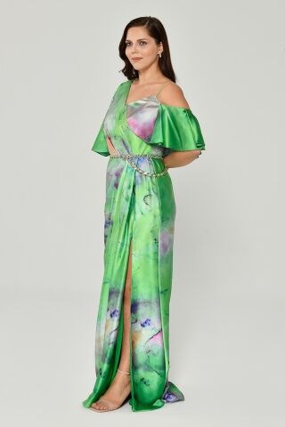 Belden Zincirli Desenli Kumaş Saten Uzun Elbise DESEN YEŞİL - 48