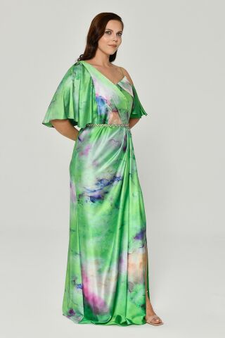 Belden Zincirli Desenli Kumaş Saten Uzun Elbise DESEN YEŞİL - 48