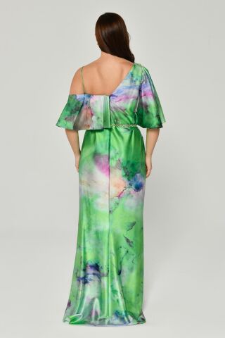 Belden Zincirli Desenli Kumaş Saten Uzun Elbise DESEN YEŞİL - 48