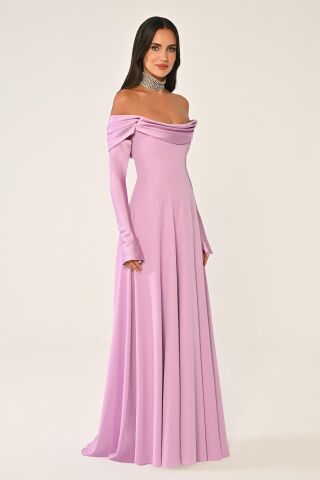 Düşük Omuz Kolları Saten Krep Uzun Elbise Lila - 44