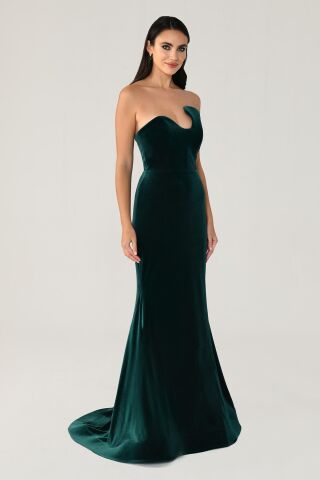 Straplez Üst Asimetrik Kesim Kadife Uzun Elbise ZÜMRÜT - 44