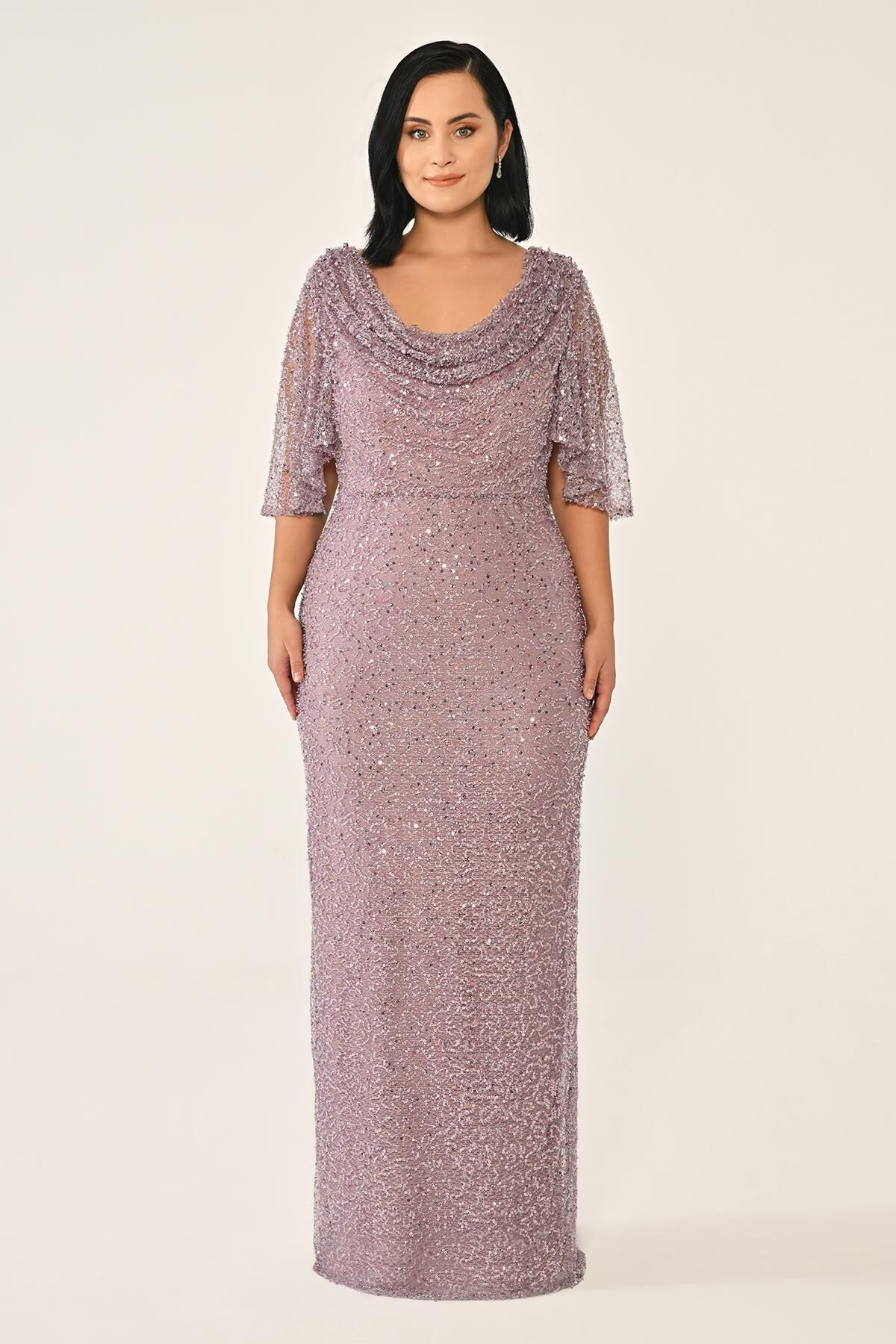 Degaje Yaka Şal Kısa Kol Payet Uzun Elbise Lila - 44