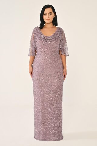 Degaje Yaka Şal Kısa Kol Payet Uzun Elbise Lila - 44