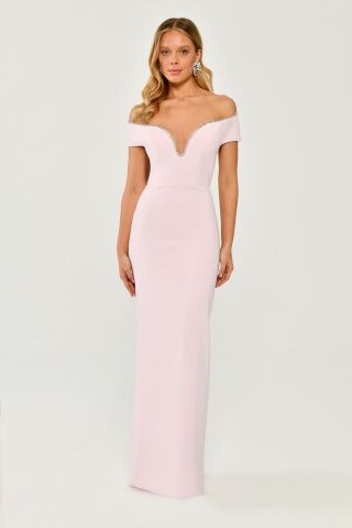 Düşük Omuz Taş Şerit Aksesuarlı Krep Uzun Elbise Pembe - 46