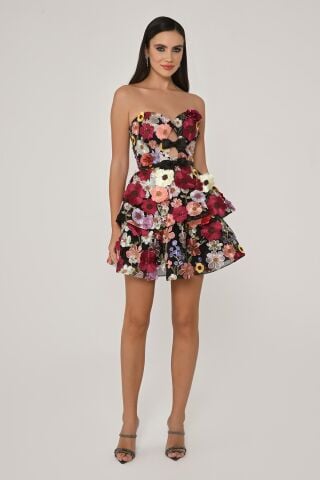 Straplez 3 Boyut Çiçek Aksesuarlı Kısa Elbise Siyah - 38