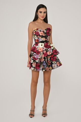 Straplez 3 Boyut Çiçek Aksesuarlı Kısa Elbise Siyah - 38