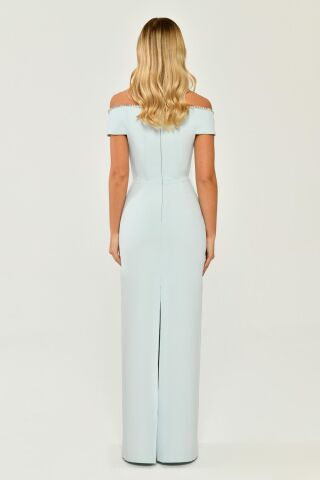 Düşük Omuz Taş Şerit Aksesuarlı Krep Uzun Elbise AÇIK MAVİ - 44