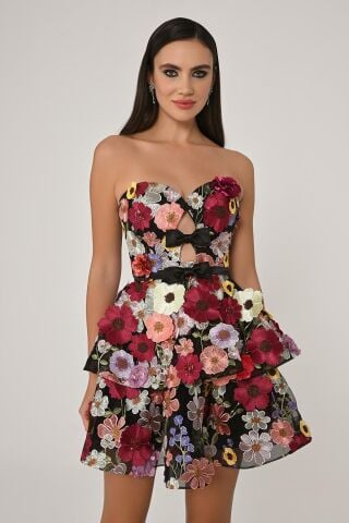 Straplez 3 Boyut Çiçek Aksesuarlı Kısa Elbise Siyah - 40