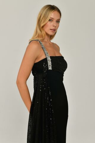 Gemstone Single Strap Sequin Sequin Shawl Crepe Midi Dress BLACK / BLACK - 38