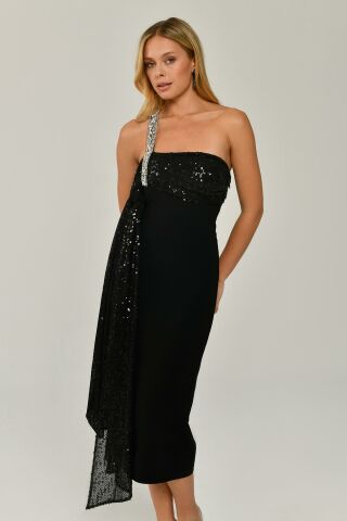 Gemstone Single Strap Sequin Sequin Shawl Crepe Midi Dress BLACK / BLACK - 38
