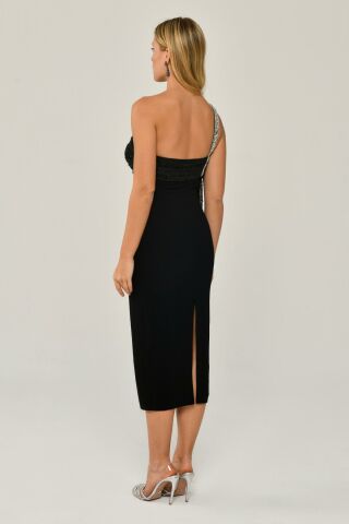 Gemstone Single Strap Sequin Sequin Shawl Crepe Midi Dress BLACK / BLACK - 38