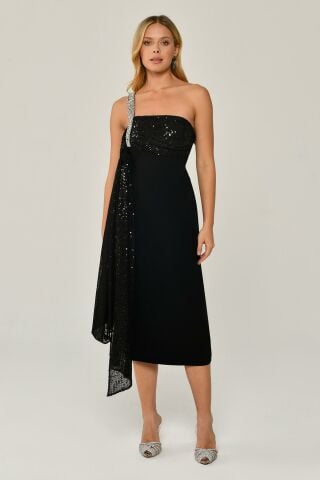 Gemstone Single Strap Sequin Sequin Shawl Crepe Midi Dress BLACK / BLACK - 38