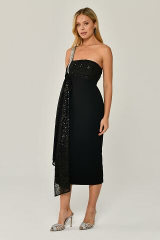 Gemstone Single Strap Sequin Sequin Shawl Crepe Midi Dress BLACK / BLACK - 38