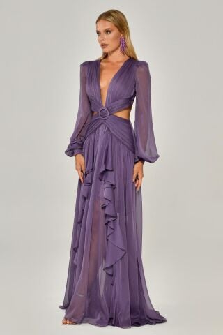 Langes Chiffonkleid mit V-Ausschnitt und Schnalle vorne, doppeltem Schlitz, Flieder - 40