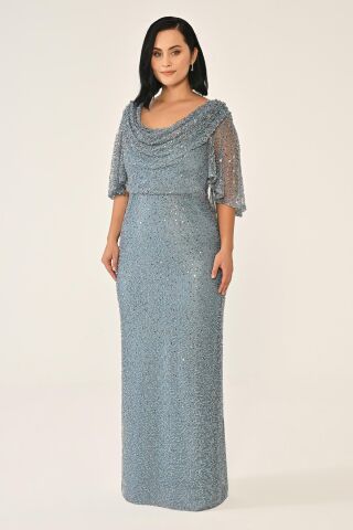 Langes Kleid mit Wasserfallausschnitt, Schalkragen, kurzen Ärmeln und Pailletten İNDİGO - 46