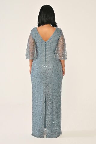 Langes Kleid mit Wasserfallausschnitt, Schalkragen, kurzen Ärmeln und Pailletten İNDİGO - 46