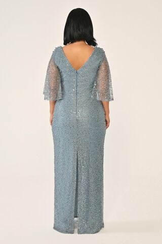 Degaje Yaka Şal Kısa Kol Payet Uzun Elbise İNDİGO - 48