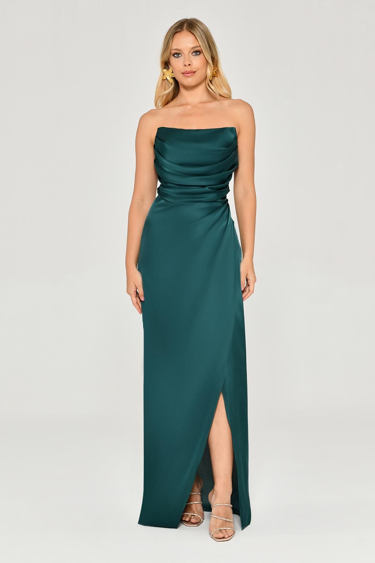 Straplez Saten Uzun Elbise PETROL - 42