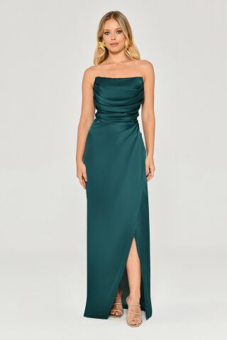Straplez Saten Uzun Elbise PETROL - 42