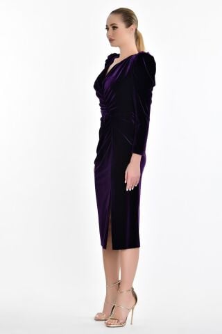 Uzun Kol Kadife Midi Elbise Mor - 42