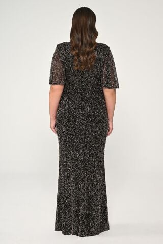 V Yaka Kısa Kollu Boncuklu Kumaş Uzun Elbise BAKIR - 46