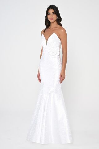 Straplez Balık Kesim Jakar Kumaş Uzun Elbise Beyaz - 38