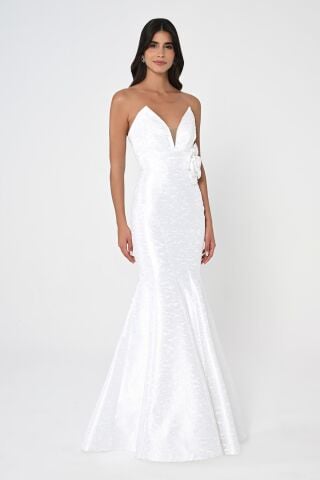 Straplez Balık Kesim Jakar Kumaş Uzun Elbise Beyaz - 38