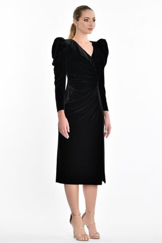 Uzun Kol Kadife Midi Elbise Siyah - 44