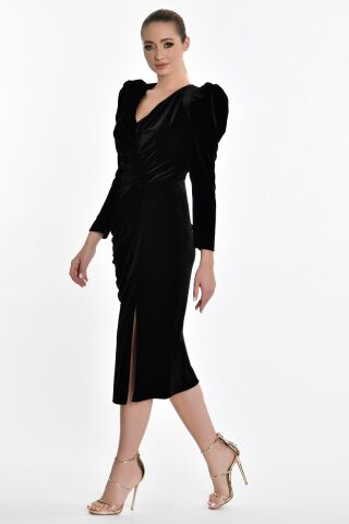 Uzun Kol Kadife Midi Elbise Siyah - 44