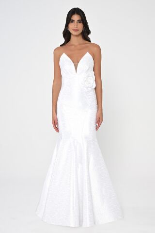 Straplez Balık Kesim Jakar Kumaş Uzun Elbise Beyaz - 40