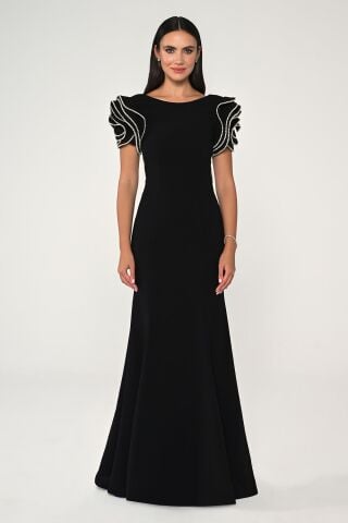 Omzu Taşlı A Kesim Krep Uzun Elbise Siyah - 42