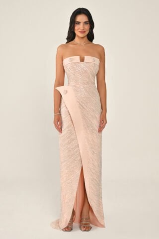 Straplez Düğme Aksesuarlı Payet Uzun Elbise