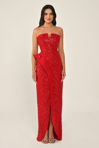 Straplez Düğme Aksesuarlı Payet Uzun Elbise