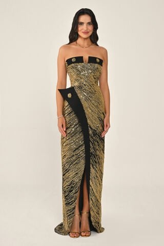 Straplez Düğme Aksesuarlı Payet Uzun Elbise