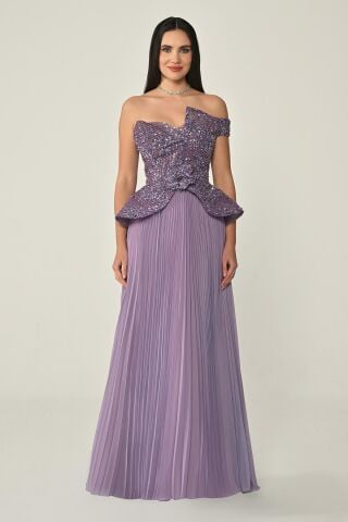 Tek Düşük Omuz Üstü Payet Eteği Pliseli Şifon Uzun Elbise Lila - 36