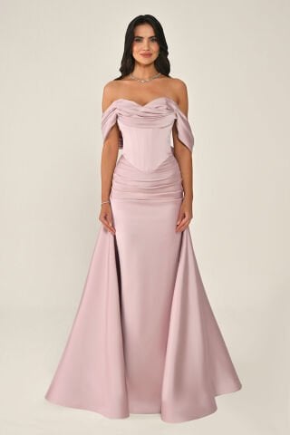 Düşük Kol Korse Bel Drapeli Saten Uzun Elbise