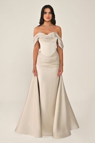 Düşük Kol Korse Bel Drapeli Saten Uzun Elbise