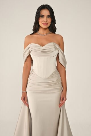 Düşük Kol Korse Bel Drapeli Saten Uzun Elbise