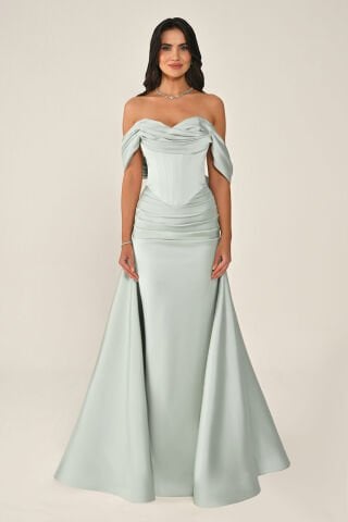 Düşük Kol Korse Bel Drapeli Saten Uzun Elbise