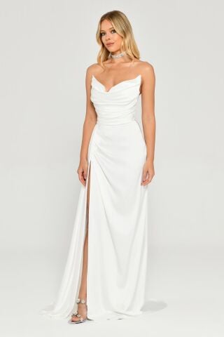 Kayık Yaka Yırtmaçlı Saten Elbise Beyaz - 36