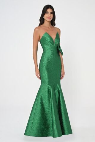 Trägerloses langes Kleid aus Jacquardstoff mit Fischmuster SMARAGD - 40