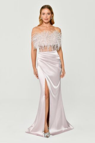 Straplez Otrişli Korse Transparan Bel Saten Uzun Elbise Pudra - 40