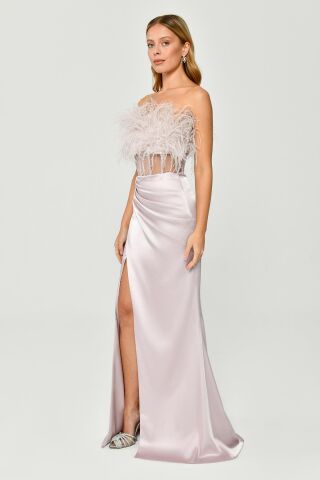 Straplez Otrişli Korse Transparan Bel Saten Uzun Elbise Pudra - 40