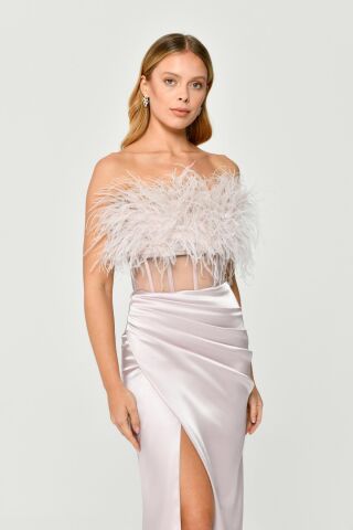 Straplez Otrişli Korse Transparan Bel Saten Uzun Elbise Pudra - 40