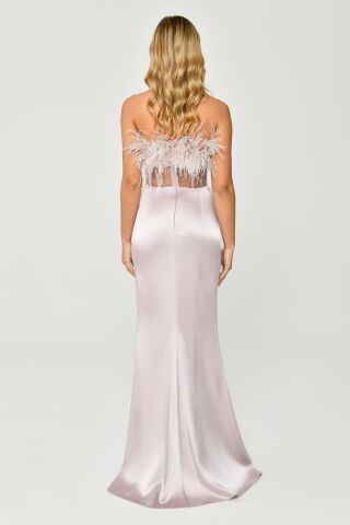 Straplez Otrişli Korse Transparan Bel Saten Uzun Elbise Pudra - 40