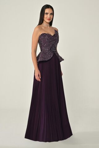 Tek Düşük Omuz Üstü Payet Eteği Pliseli Şifon Uzun Elbise Mürdüm - 36