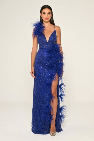 İp Askılı Otrişli Yırtmaçlı Payet Uzun Elbise SAKS - 38