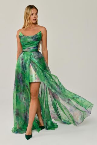 Kayık Yaka Desenli Tül Uzun Elbise YEŞİL ZEBRA - 38