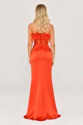 Straplez Otrişli Korse Transparan Bel Saten Uzun Elbise KİREMİT - 38