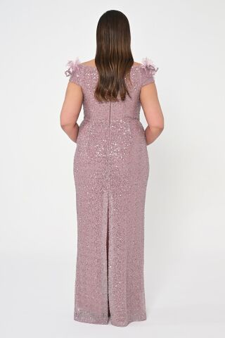 Çiçekli Kayık Yaka Payet Uzun Elbise Pudra - 42